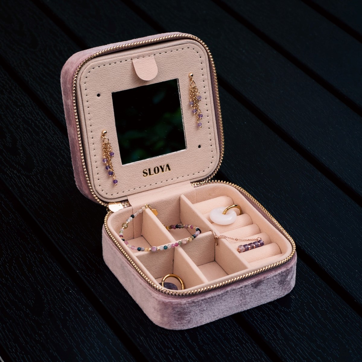 Boîte à bijoux velours rose pêche