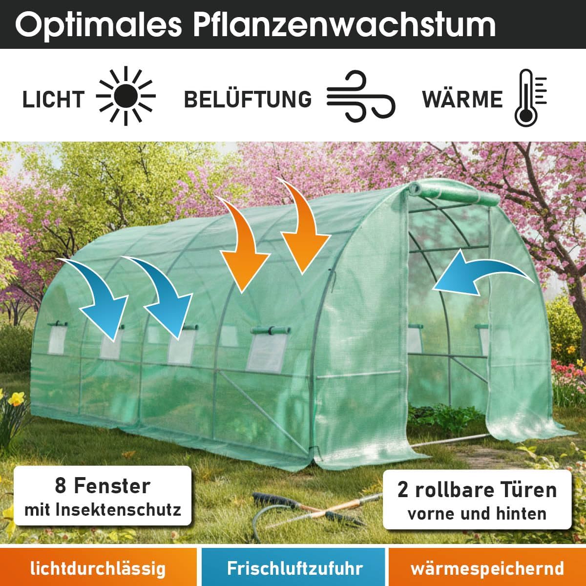 BRAST Gewächshaus Foliengewächshaus mit Stahlfundament | 2x3m - 3x8m | inkl. Erdanker Unkrautvlies & 8 Aufrollbare Fenster mit Moskitonetz | UV-stabilisierte Gitterschutzfolie 200g/m² | 300x400cm