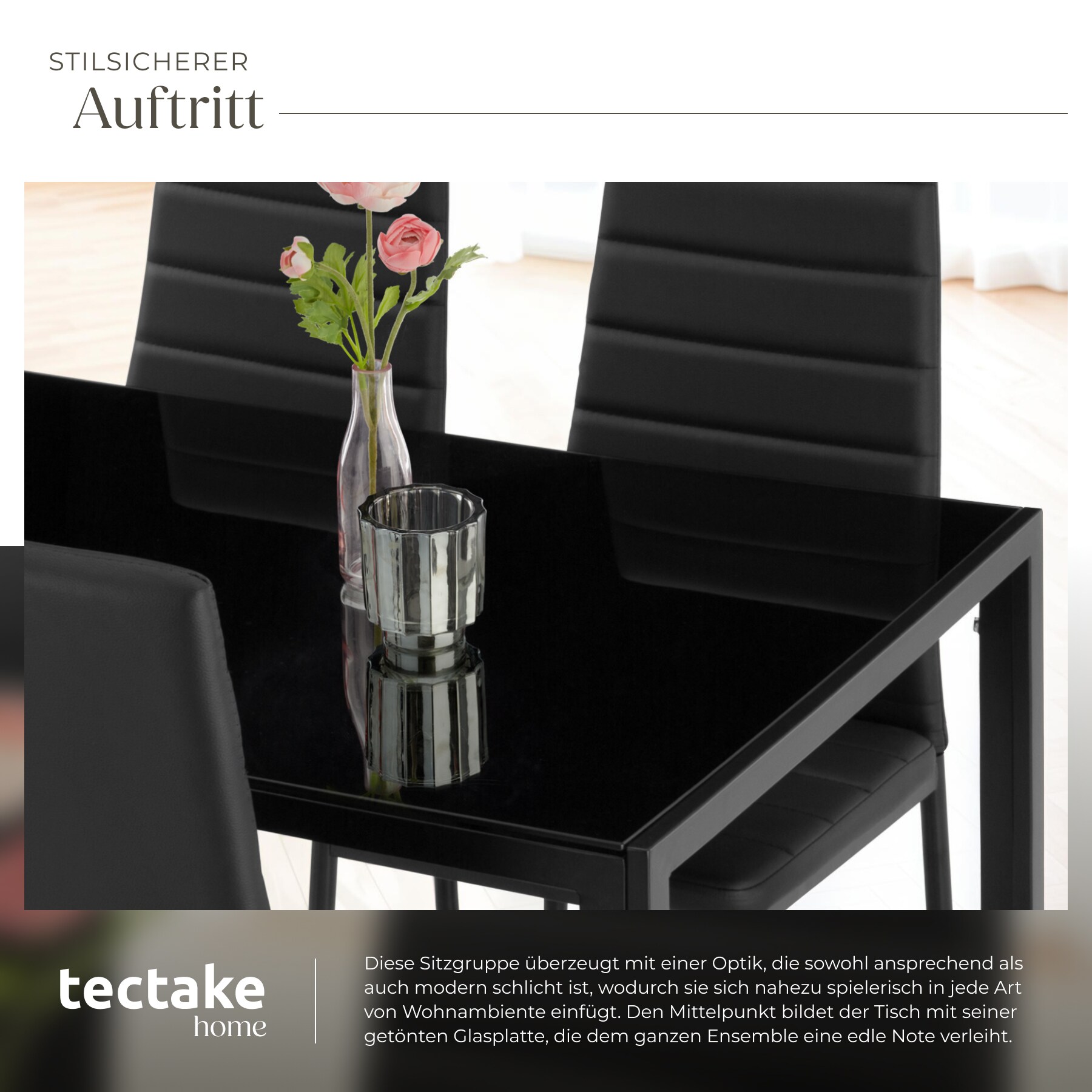 tectake® Esszimmergruppe, 5-teilig, gepolstert mit Kunstlederbezug, bodenschonende Kunststoffkappen