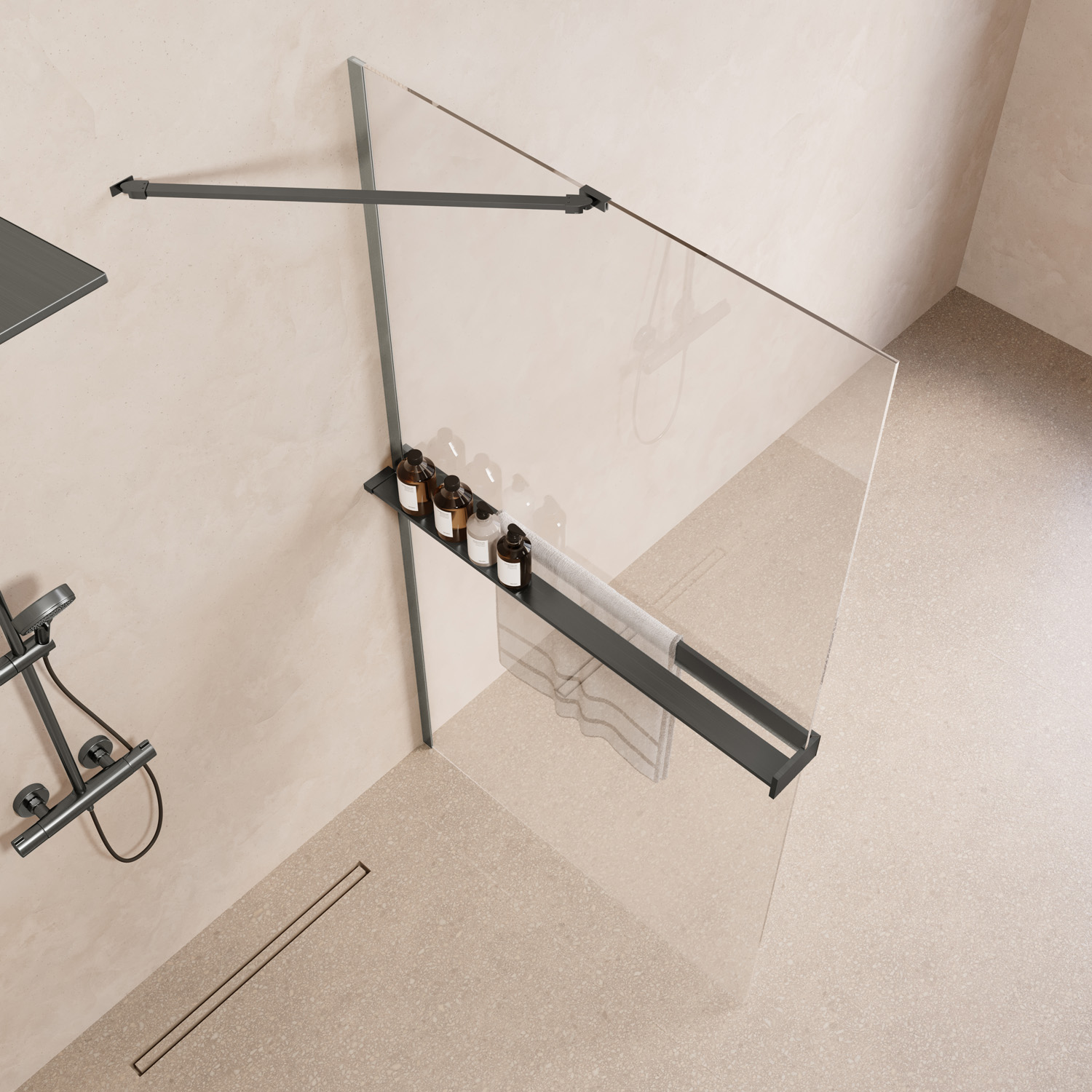 Saniclear Oblique inloopdouche 120cm met handdoekhouder en helder glas verouderd ijzer - gunmetal