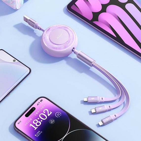 (1m) 3.5A 3in1 Ausziehbares USB A auf Lightning / Micro USB / USB C LED Leuchtendes Datenkabel Ladekabel - Lila