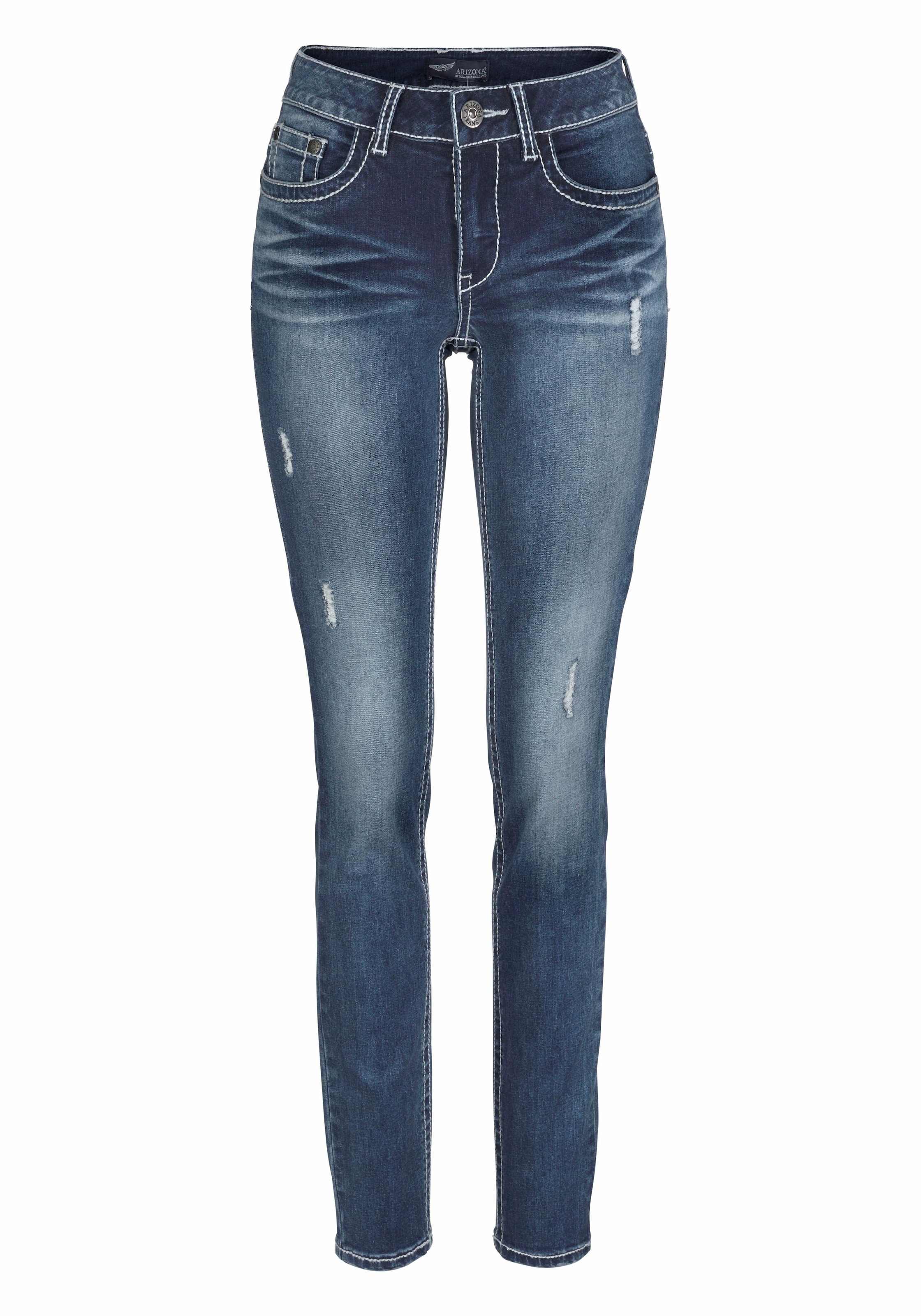 Arizona Skinny-fit-Jeans »mit Kontrastnähten und Pattentaschen« lange Beinform,  mit Destroyed-Effekten,  niedrige Leibhöhe