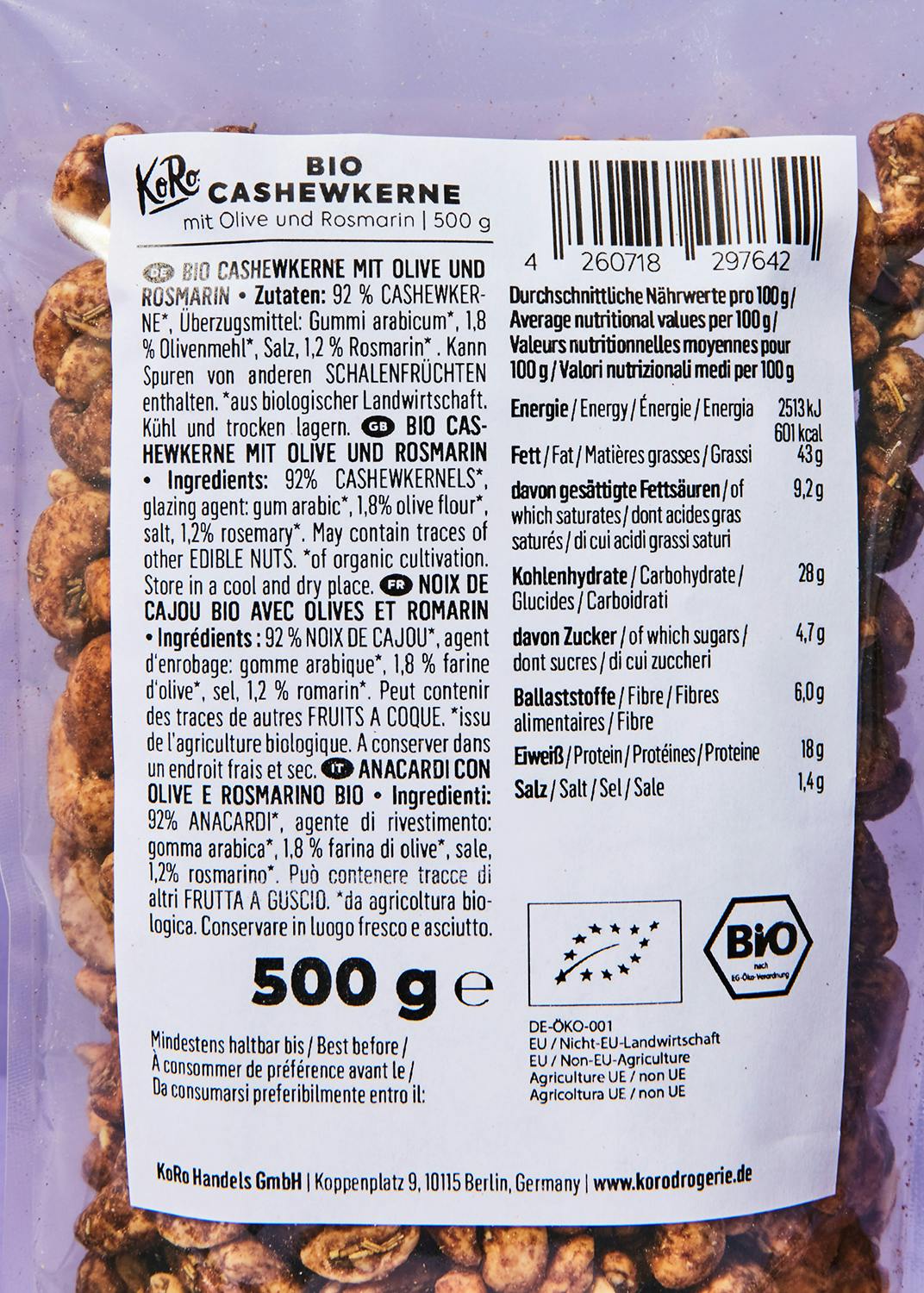 Bio Cashewkerne mit Olive und Rosmarin 500 g