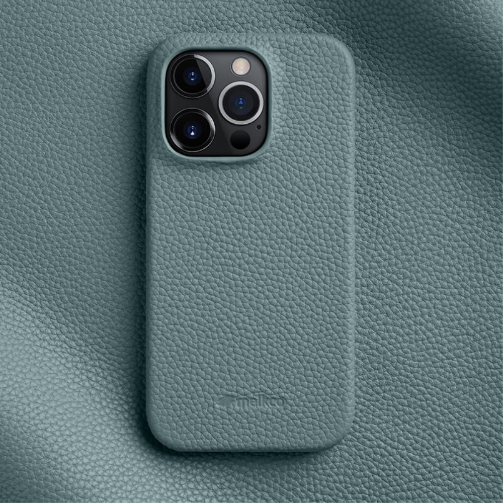 iPhone 14 Pro Max Echtleder Hardcase Hülle Litchi Look - Blaugrau
