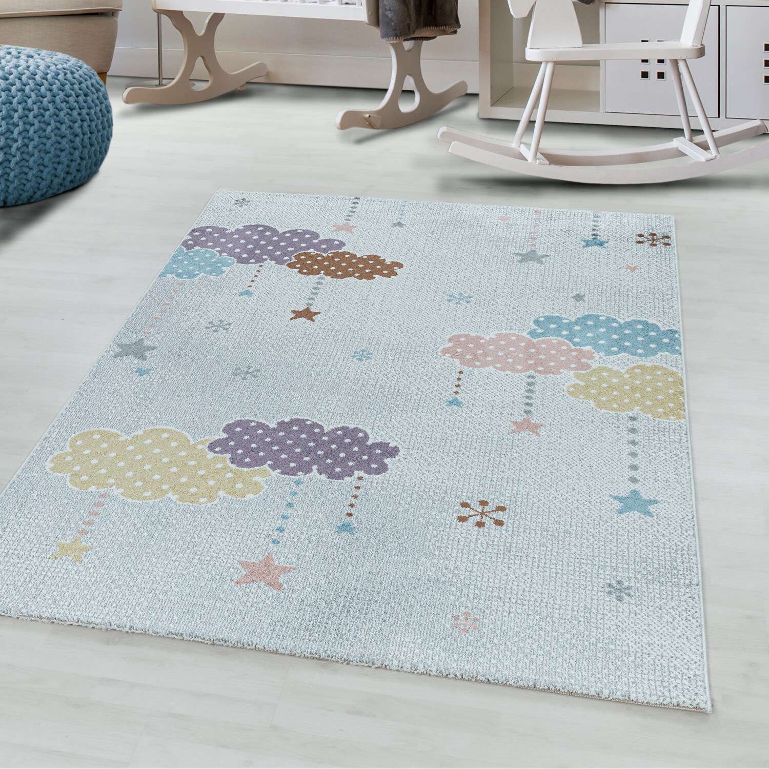Kinderteppiche 10 mm Kurzflor Teppich mit Bunte Wolken, Stern Motiv