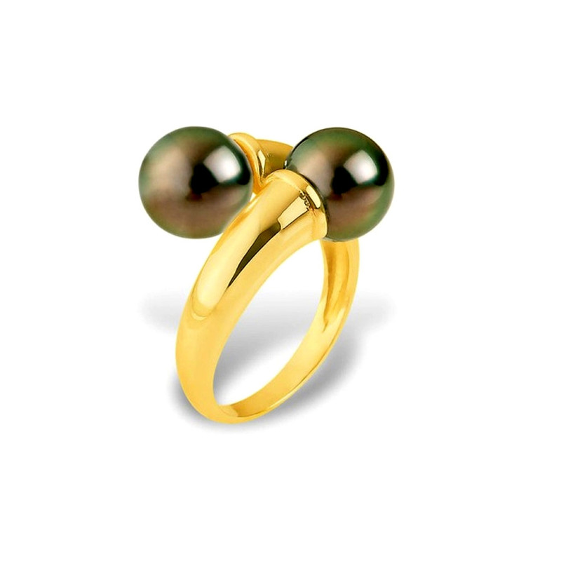 Bague Femme Double Perles de Tahiti A de 8 mm et Or jaune 375/1000