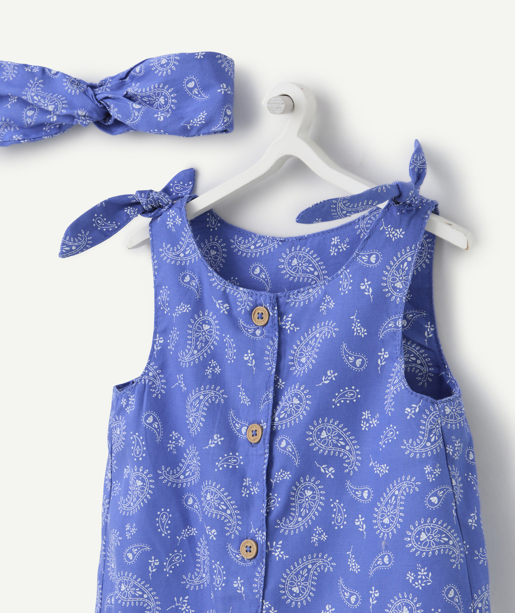 salopette et turban bébé fille en viscose responsable imprimé cachemire bleu