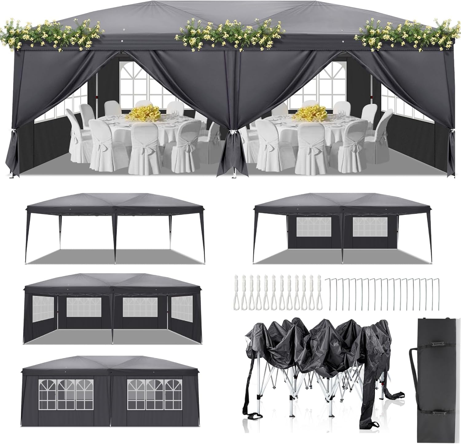 LEADZM Faltpavillon 3x6m | Pavillon mit Stahlrahmen & 6 Seitenteilen, Pop-up Schnellmontage, Wasserdicht Winterfest UV Schutz 50+, Höhenverstellbar für Garten/Party/Camping