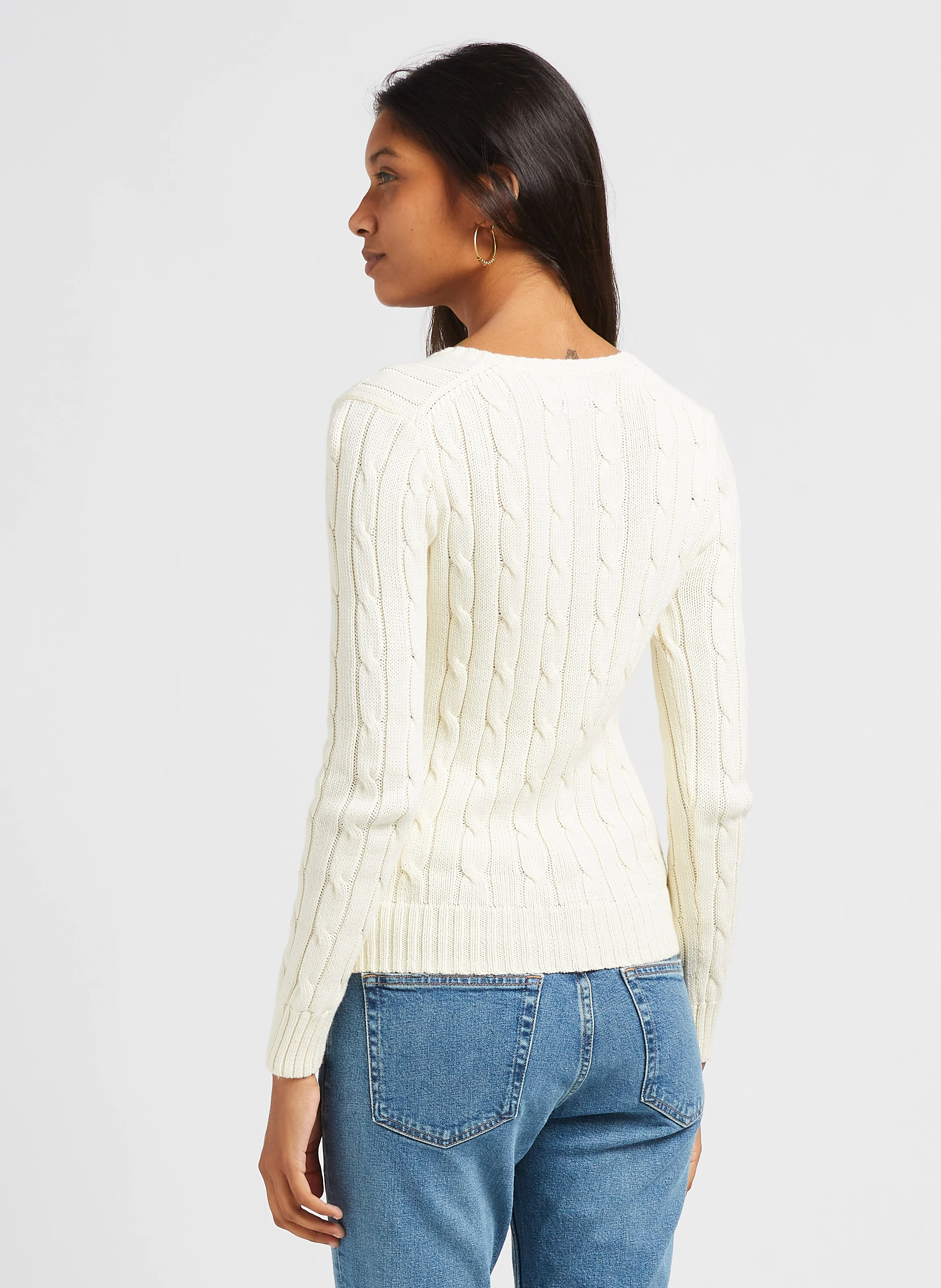 Pull col V brodé en coton | Beige