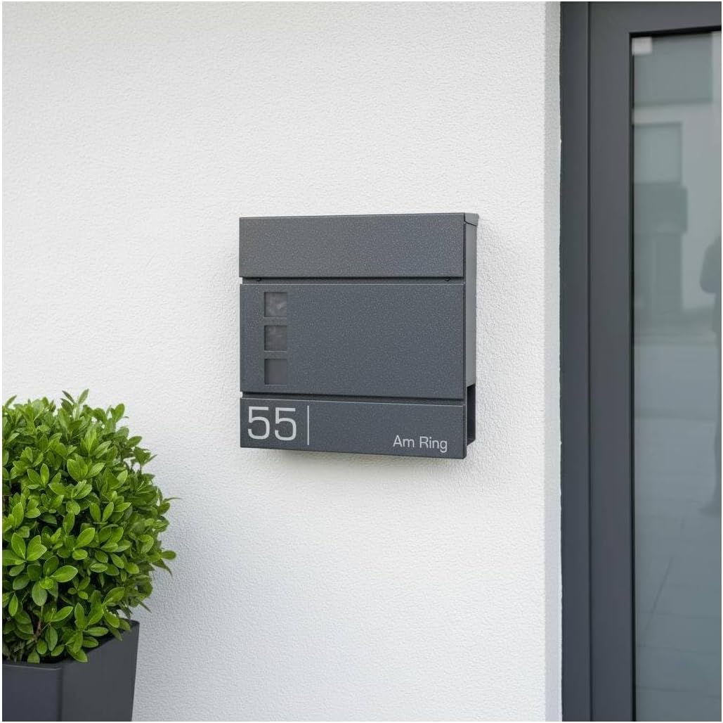 Metzler Briefkasten in Eisenglimmer DB703 Cube - Name & Hausnummer als Lasergravur - Design Wandbriefkasten inkl. Zeitungsfach - Briefkasten mit Fenster - Größe: 37 x 37 x 10,5 cm