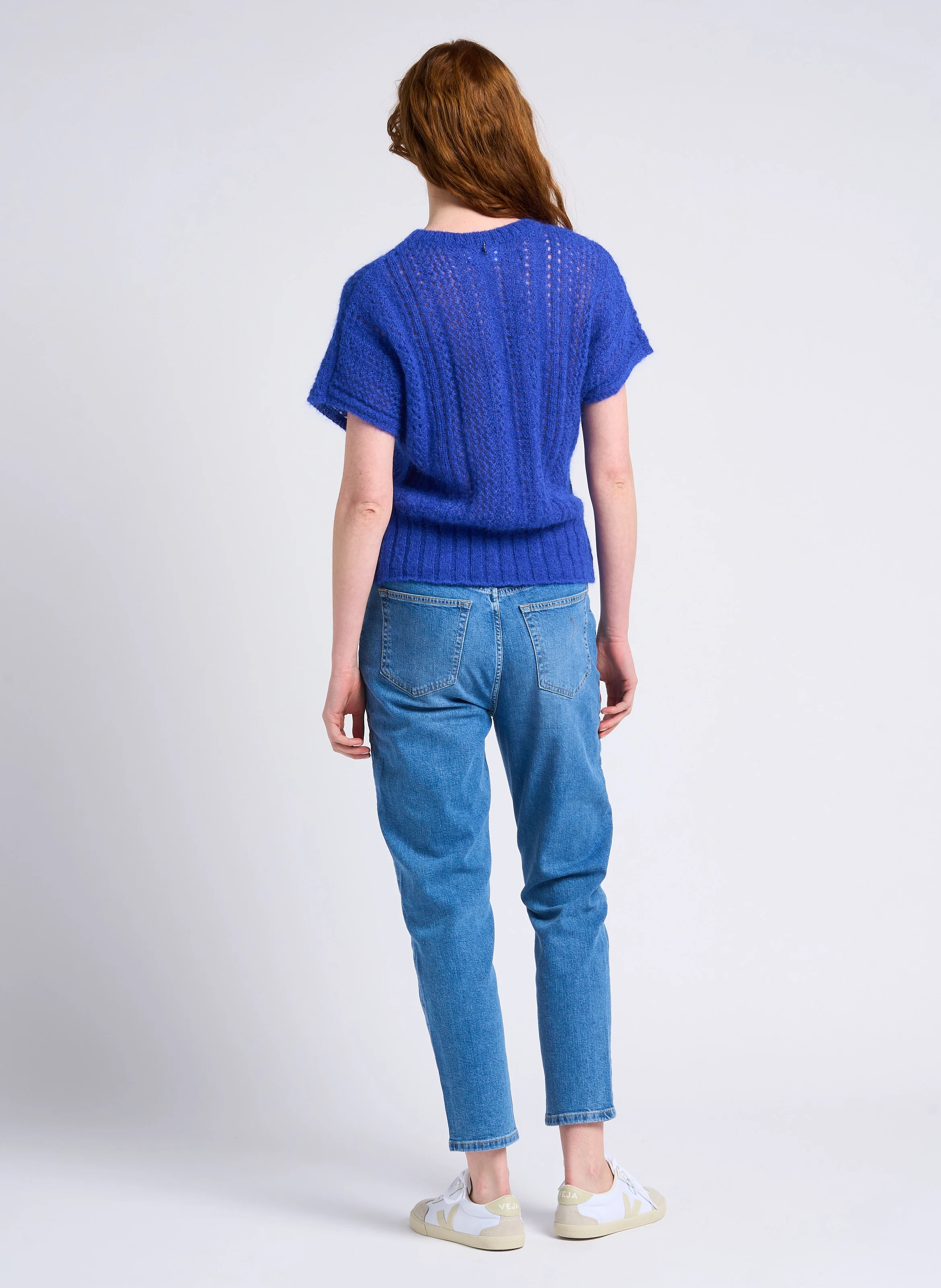 Jean mom-fit délavé taille haute en coton | Bleu