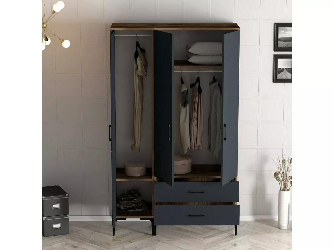 Garde-robe 3 portes Dangiull, Meubles de chambre, Penderie de plain-pied, Placard à vêtements, 120x201h48 cm, Noyer et Anthracite