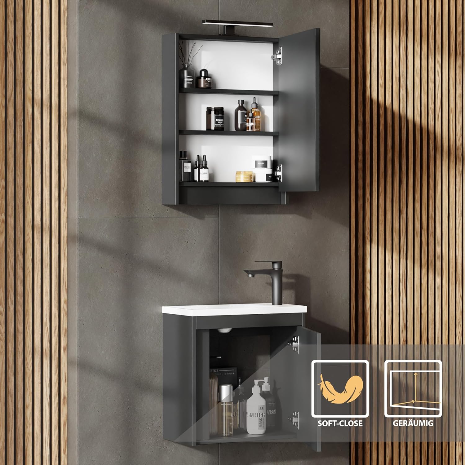Planetmöbel Badmöbel Set 2-teilig Waschbecken mit Unterschrank 50 x 48,3 x 24,8 cm grau matt, Waschbeckenunterschrank mit Einsatz-Waschbecken weiß