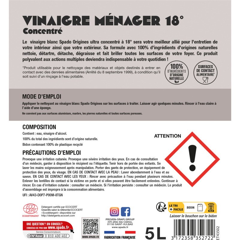 Vinaigre ménager 18° Spado - Bidon de 5 litres