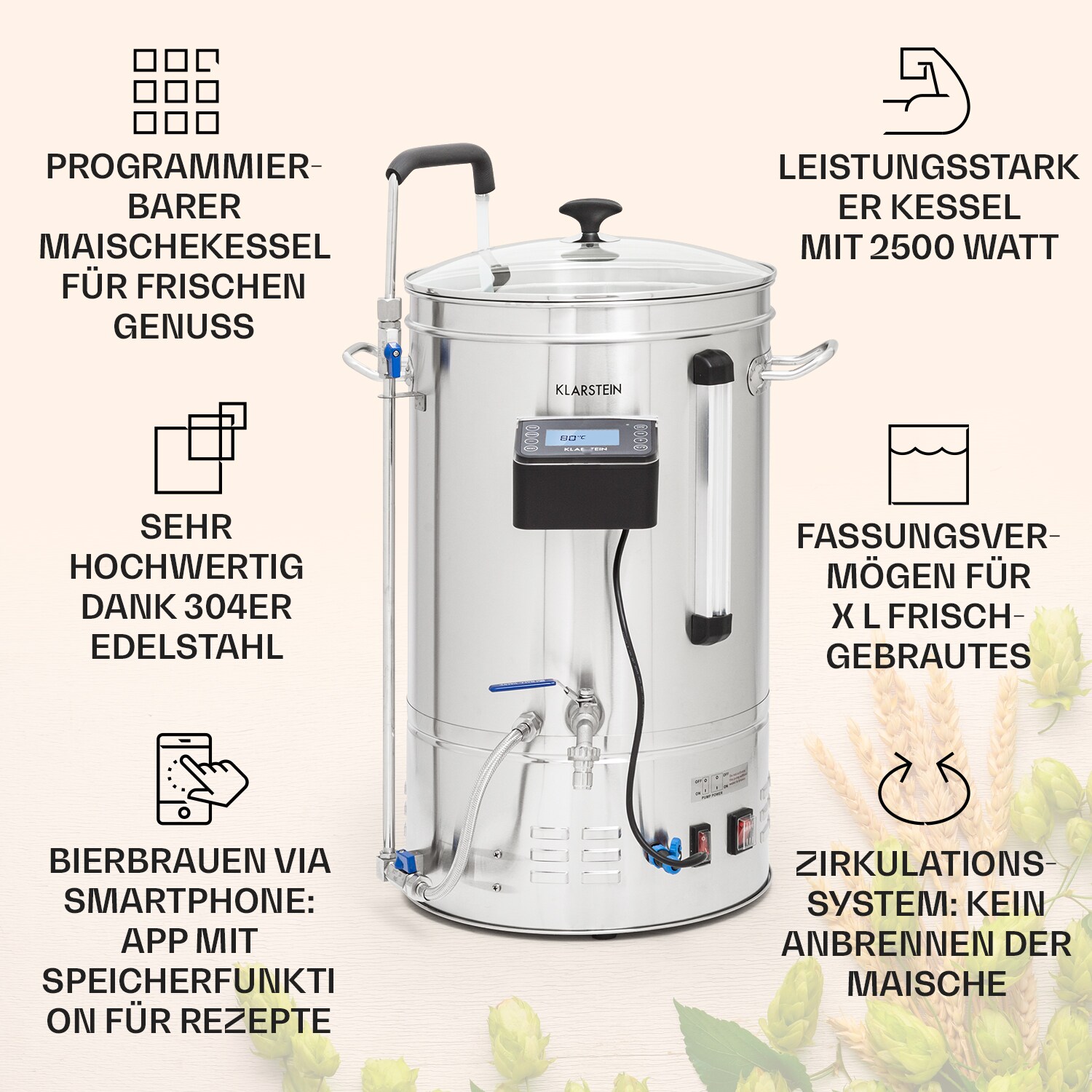 Brauheld Smart 35 Maischekessel 2500W 35L 100°C Umwälzpumpe Edelstahl Edelstahl 35 Liter
