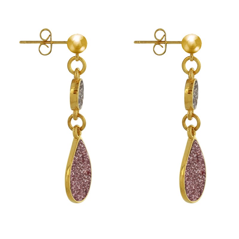 Boucles d'Oreilles Laiton Doré Disque et Goutte Résine Pailletée