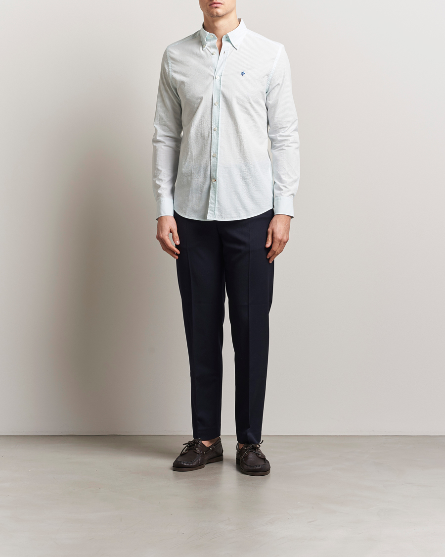 Morris Slim Fit Striped Seersucker Shirt Turquoise