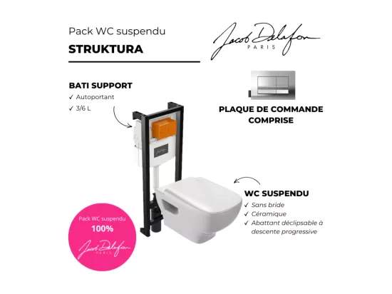 Pack WC suspendu sans bride JACOB DELAFON Struktura+ bâti-support + plaque Chrome