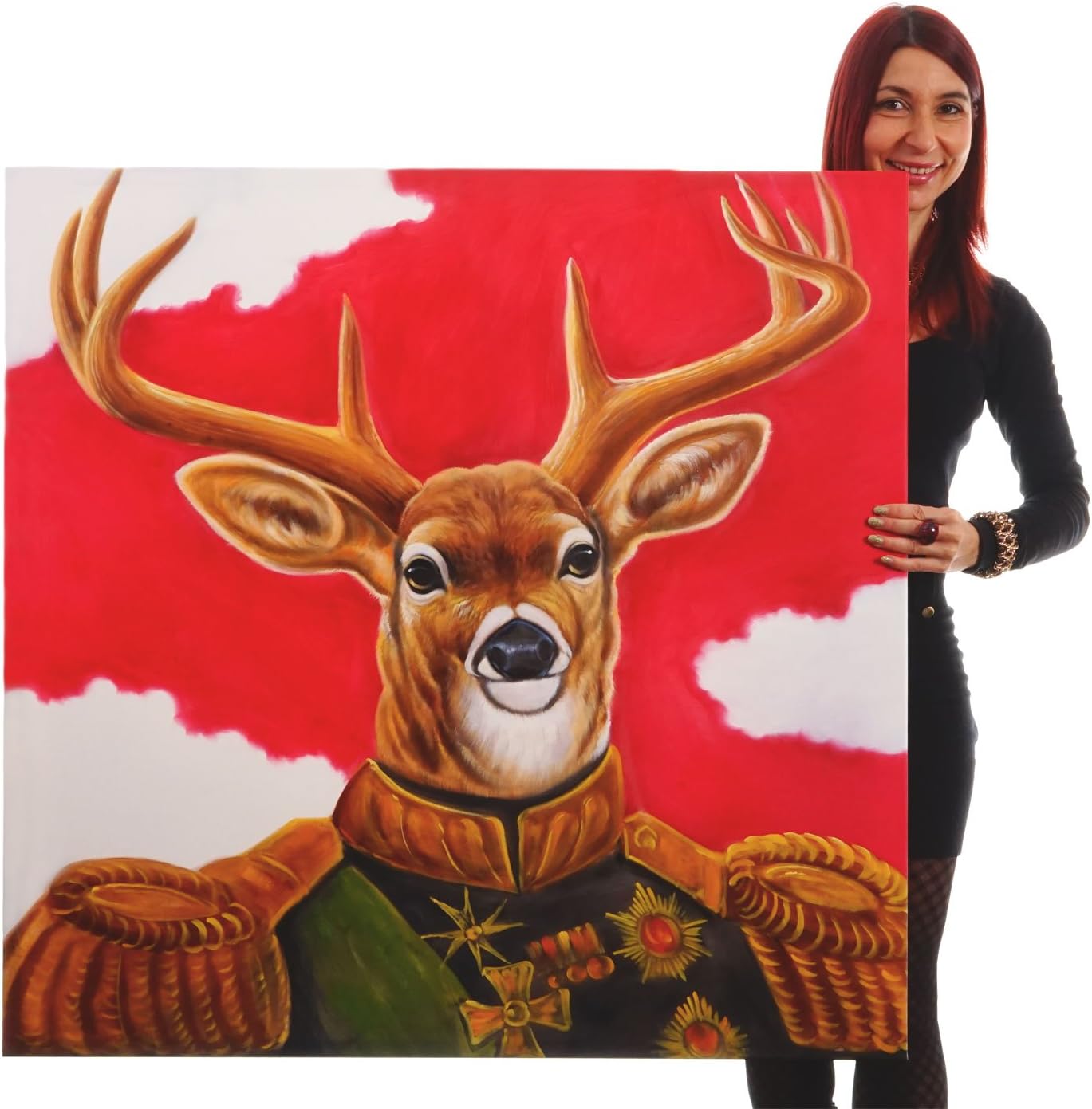 Mendler Ölgemälde Hirsch, 100% handgemaltes Wandbild Gemälde XL, 100x100cm