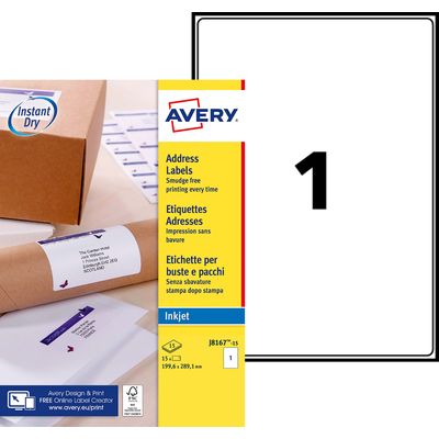 Avery - 15 Étiquettes d'expédition blanches - 199,6 x 289,1 mm - Impression jet d'encre - réf J8167-15