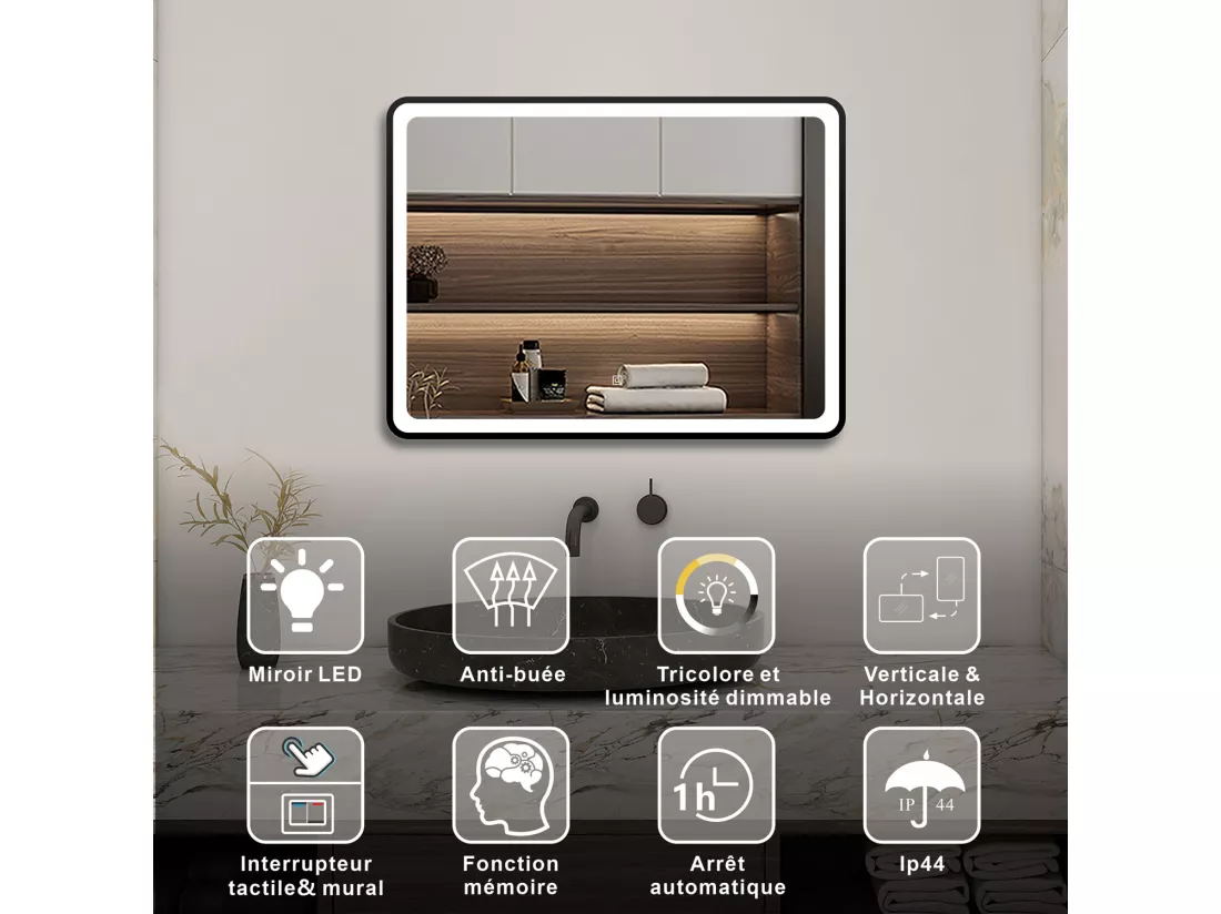 AICA Miroir lumineux 80x60 cm avec 3 couleurs + dimmable + anti-buée + mémoire, miroir salle de bain led