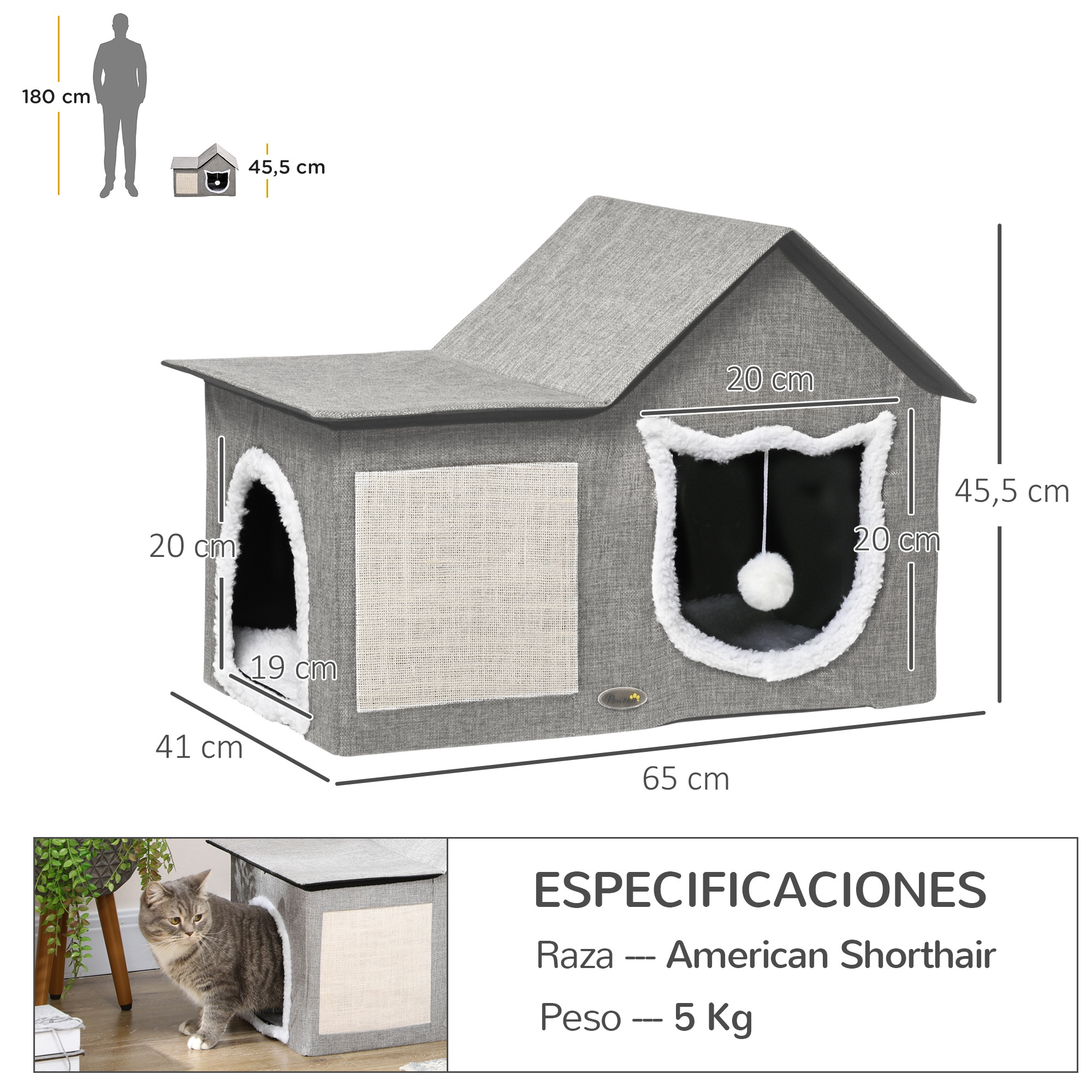 Casinha para Gatos Pawhut, para Ambientes Internos, com Almofada Macia para Arranhar e Bola Pendurada, 65x41x45,5 cm, Cinza.