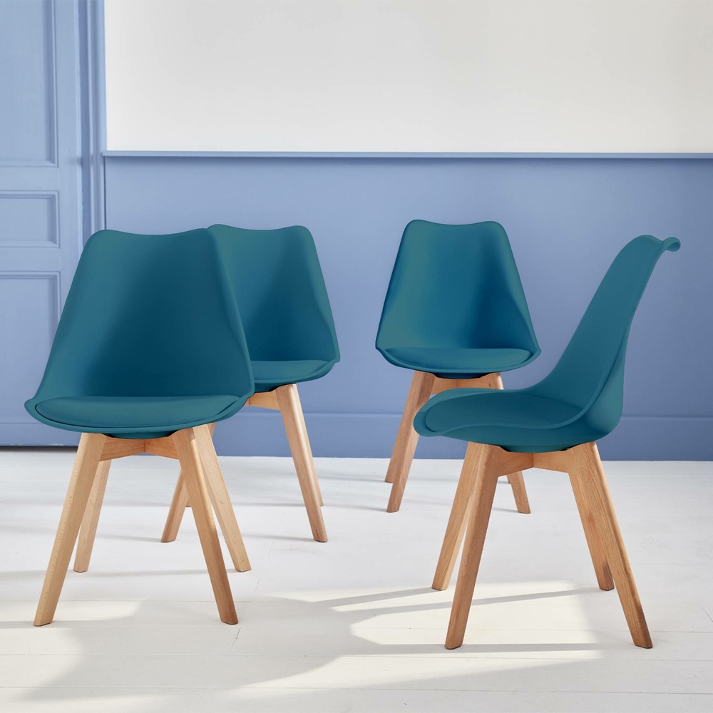 Lot de 4 chaises scandinaves. Pieds bois de hêtre. Chaises 1 place. Bleu canard