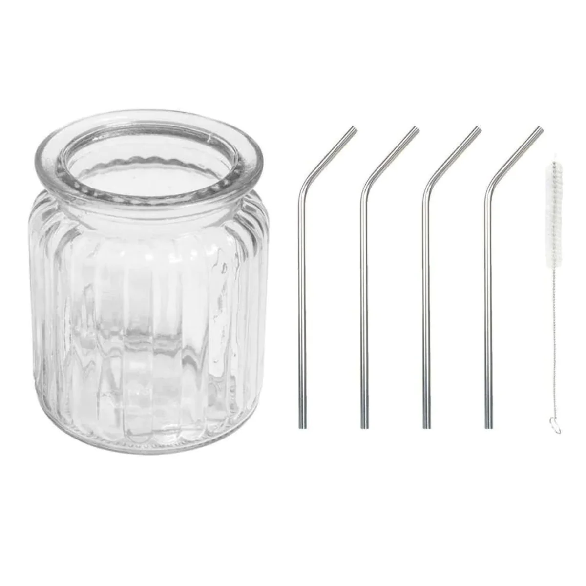 Récipient en verre avec rainures 270 ml + 4 pailles en inox Youdoit