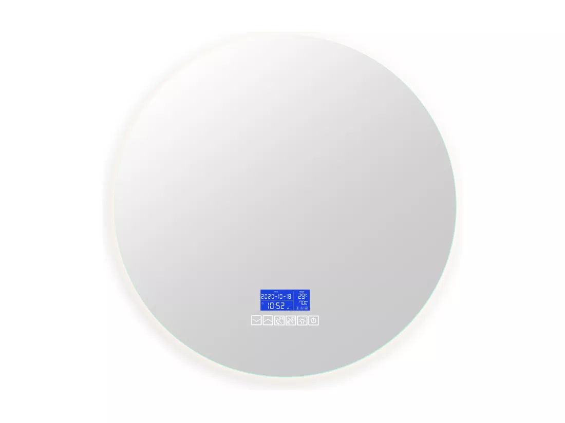 Miroir de salle de bain rond lumineux 100 cm,avec haut-parleur Bluetooth, avec affichage de la température et fonction désembueur, avec éclairage LED, réglage à six boutons, avec interrupteur tactile