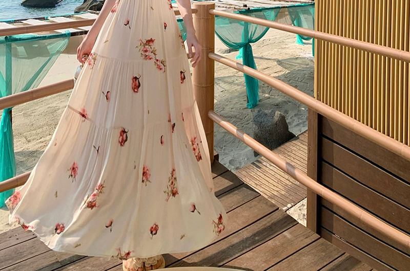 BOHEME - Maxi-zonjurk met spaghettibandjes, V-hals en bloemenprint