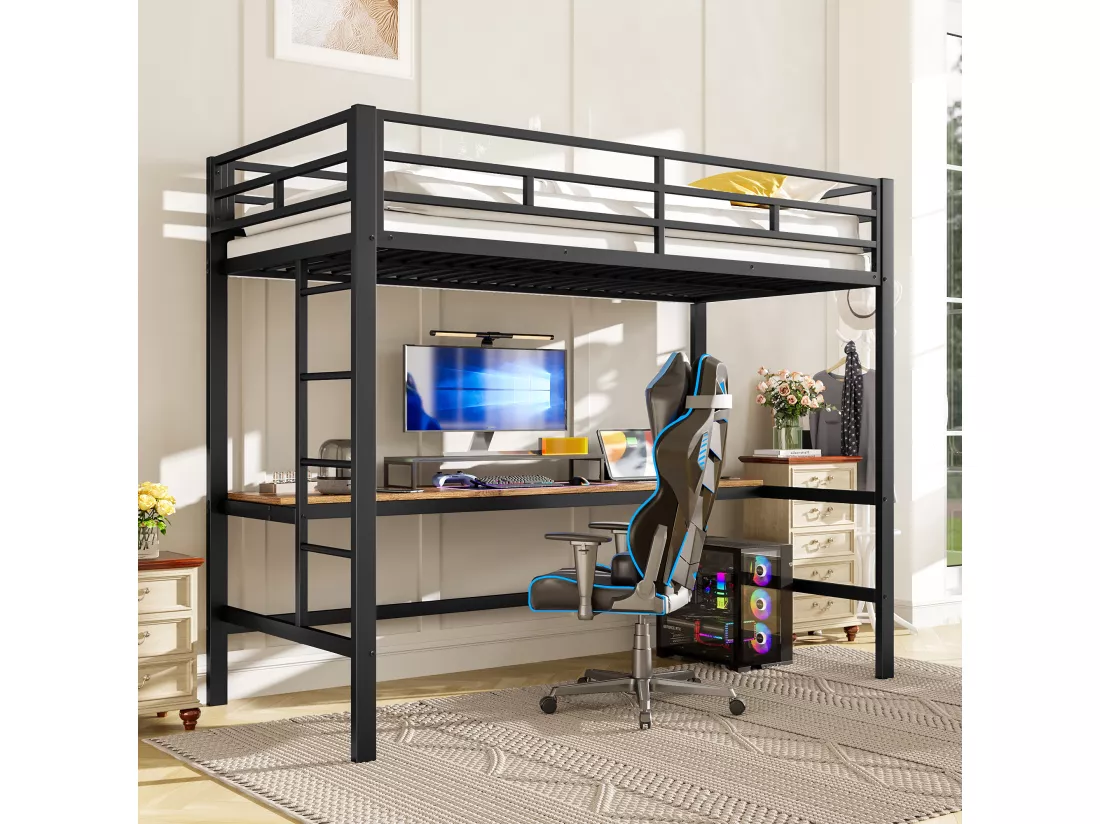 Lit mezzanine garde-corps et escabeau - 90 x 200 cm - avec USB et table - LED - sans matelas - métal - white