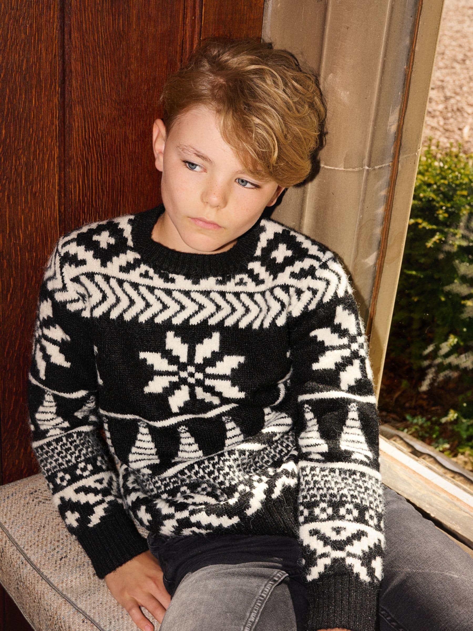 Zwart - The Little Tailor Kinder Chunky Tweekleurige Fairisle Kerstmis Trui