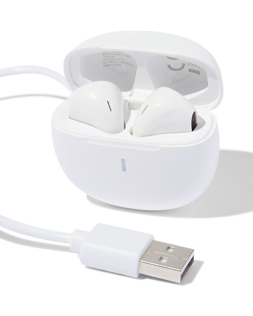 écouteurs sans fil dans boîtier de charge blanc
