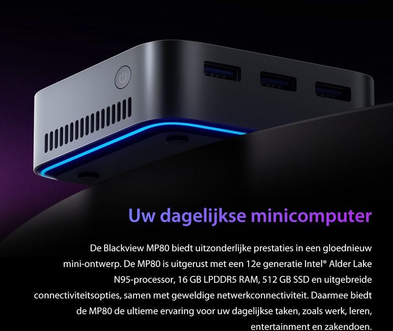 Blackview MP80 Mini PC - 16 GB LPDDR4 - 512 GB SSD - Intel N95 - Zwart
