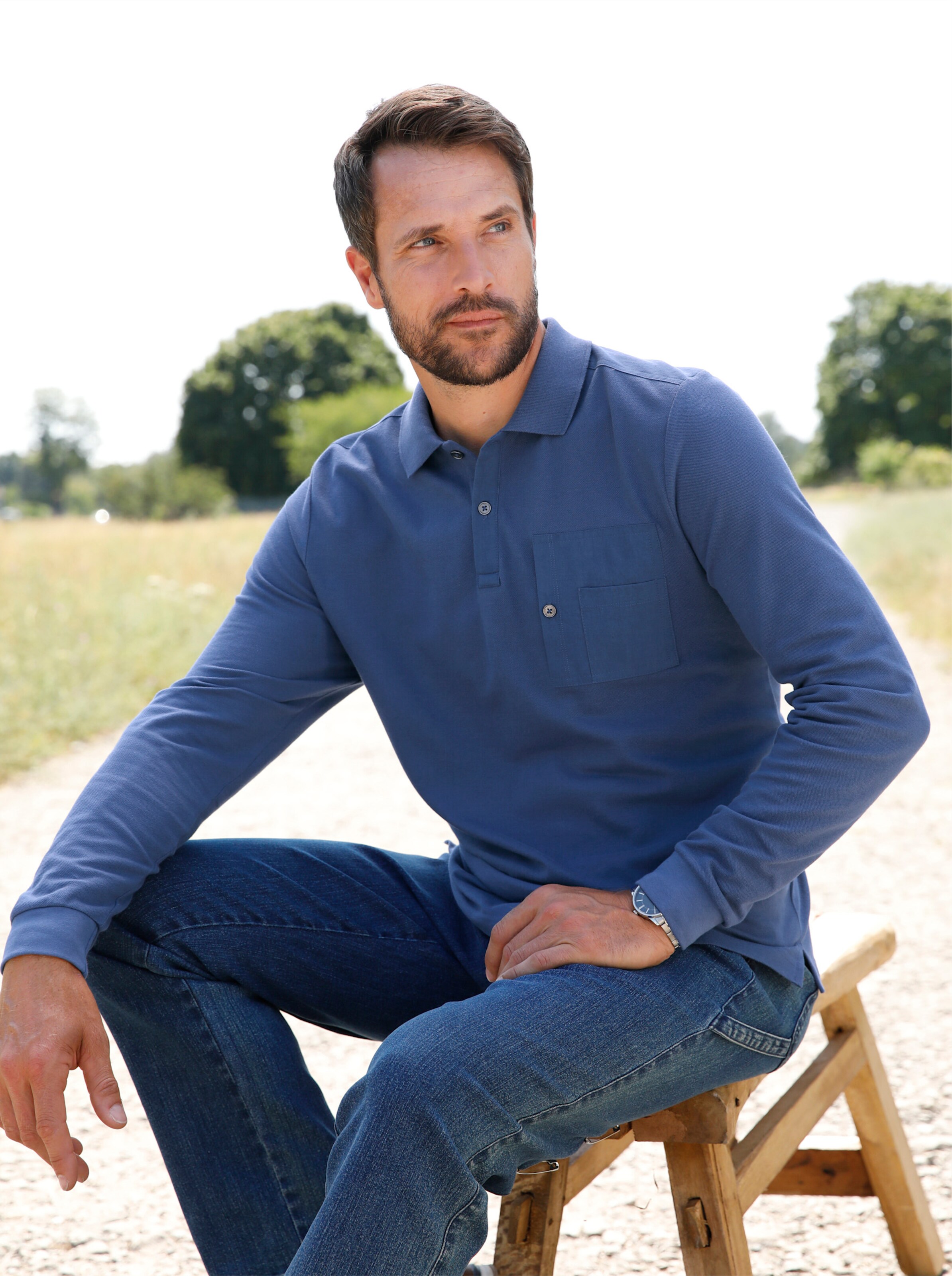 Catamaran Langarm-Poloshirt in jeansblau