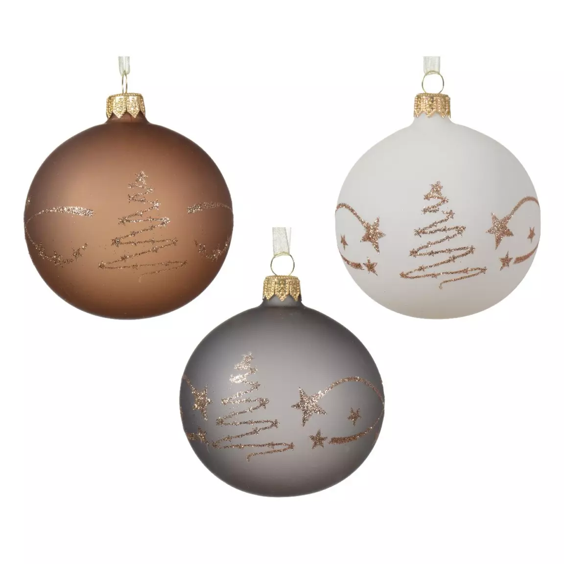 Lot de 6 boules de Noël (D80 mm) en verre Clay Blanc, gris marbre et Noix de pécan