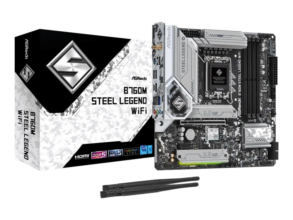 ASRock B760M Steel Legend WiFi - Bundkort - micro ATX - LGA1700 sokkel - B760 Chipset - USB-C 3.2 Gen2, USB 3.2 Gen 2, USB 3.2 Gen 1 - 2.5 Gigabit LAN, Wi-Fi 6E, Bluetooth - onboard grafik (CPU påkrævet) - HD Audio (8-kanaler)
