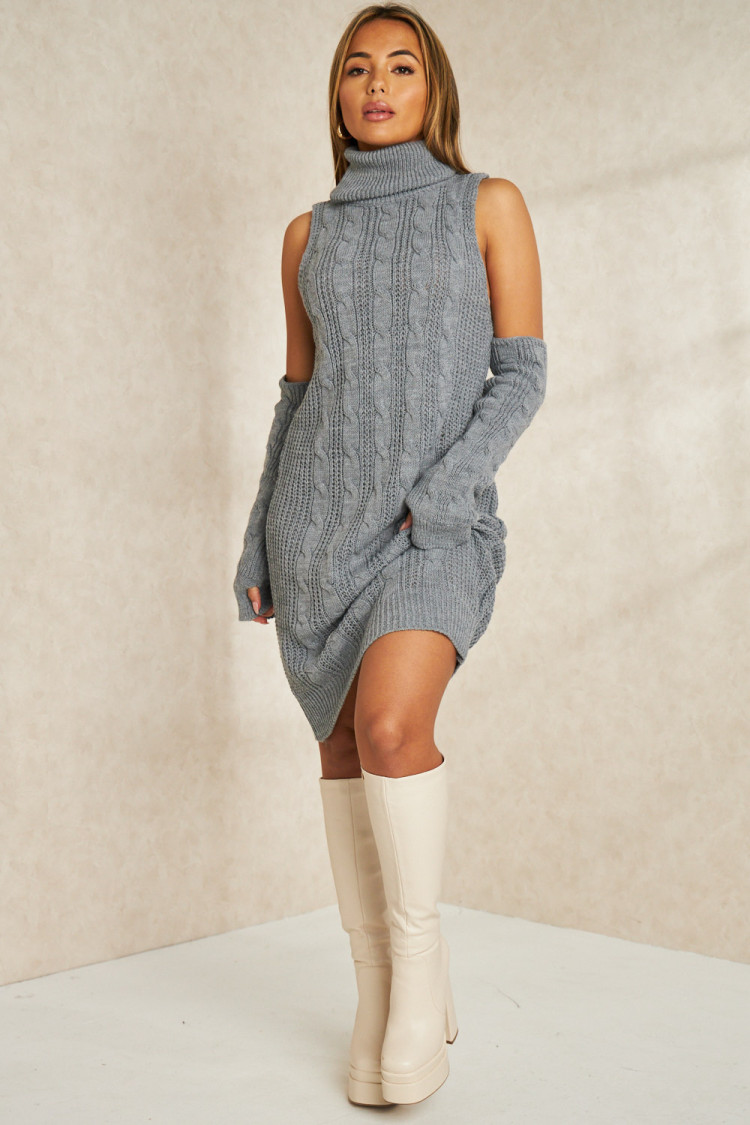 Robe pull en grosses mailles grise sans manches + mitaines