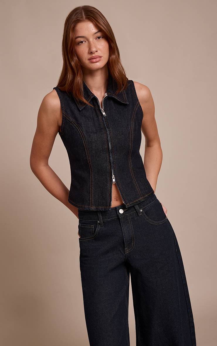 Bleu Indigo Gilet En Jean Brut À Fermeture Éclair