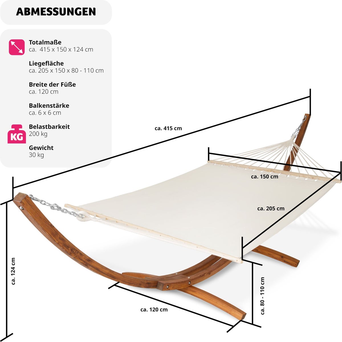 tectake Thorsten hangmat met houten frame, voor 2 personen, 205 x 150 cm