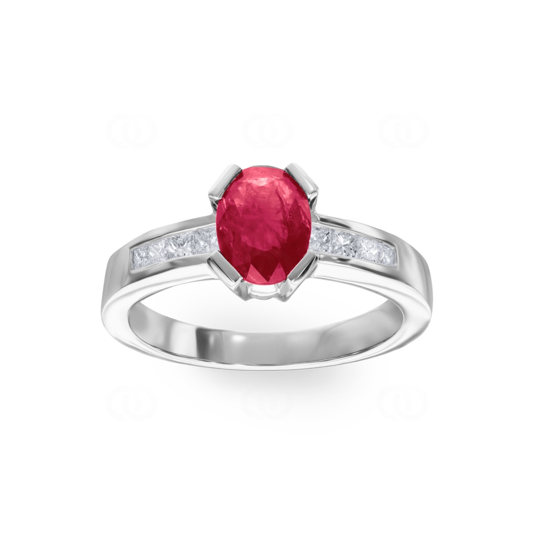 Verlobungsring 750/18 K Weissgold mit Diamanten 0.42 ct H/Si und Rubin 1.3 ct