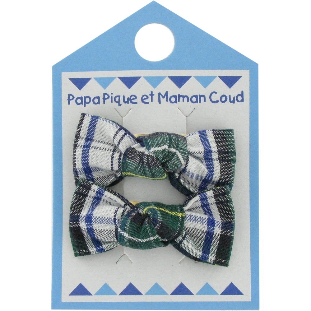 Barrettes Clic-Clac Petits Noeuds Ecossais Vert Et Blanc
