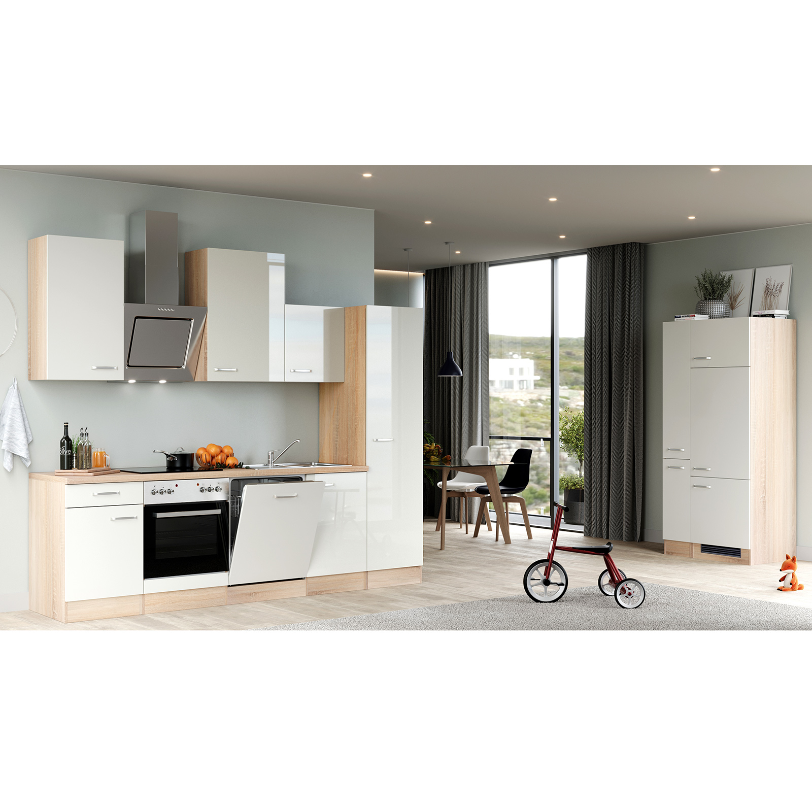 Küchenblock VALERO - weiß Hochglanz-Sonoma Eiche - mit E-Geräten - 360 cm