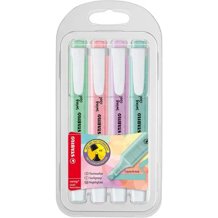 Textmarker - STABILO swing cool Pastel Edition - 4er Pack - Hauch von Minzgrün, rosiges Rouge, Schimmer von Lila, zartes Türkis