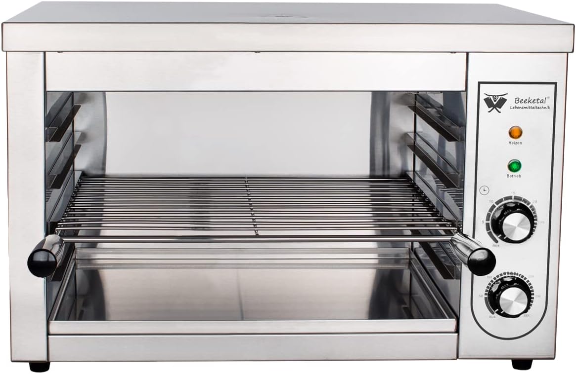 Beeketal 'BSP-2' Profi Gastro Salamander Grill Überbackgerät aus Edelstahl mit 1 Gitter (4 Höhen), 5-30 Minuten Timer, Thermostat 50-300 °C (direkt an der Heizspirale), extra Krümelschublade