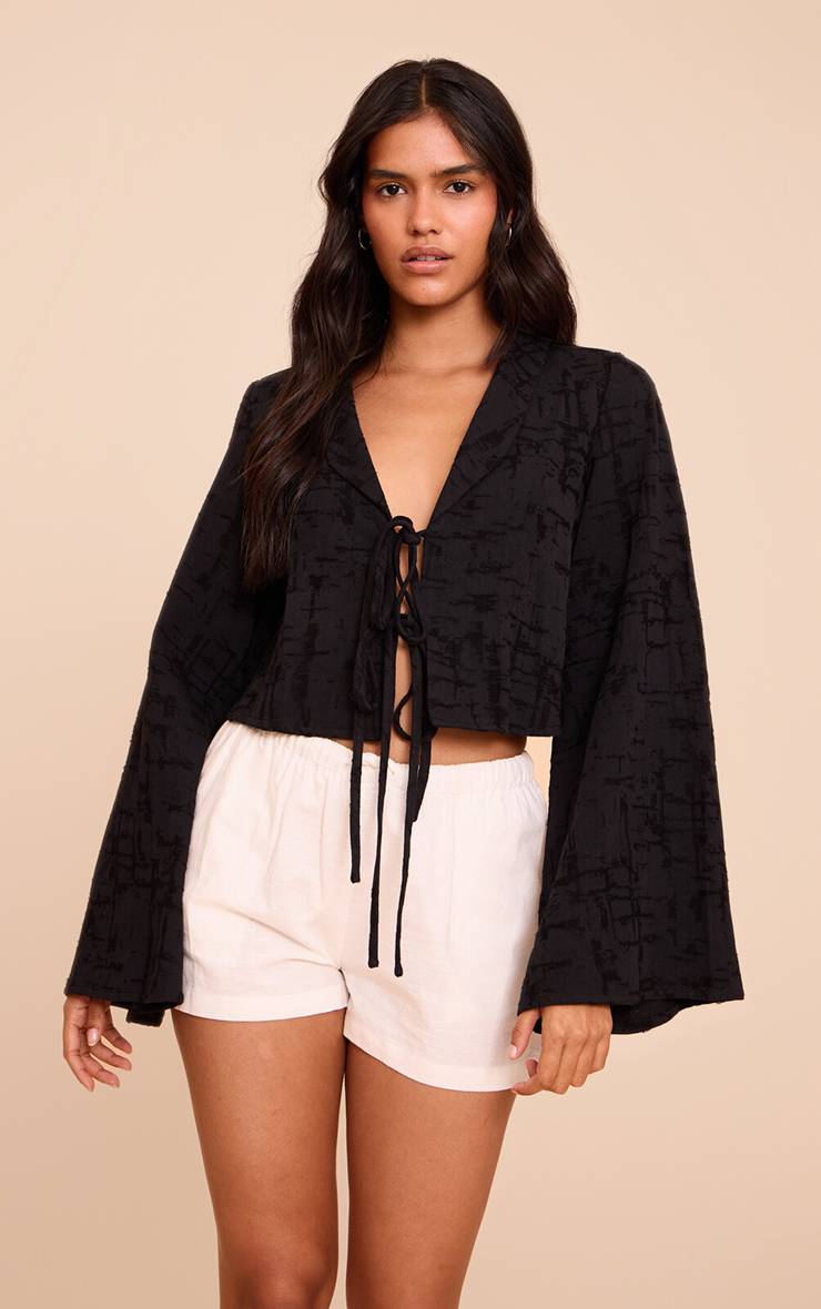 Noir Chemise Texturée Légère En Tissu Tissé Avec Nœud Devant