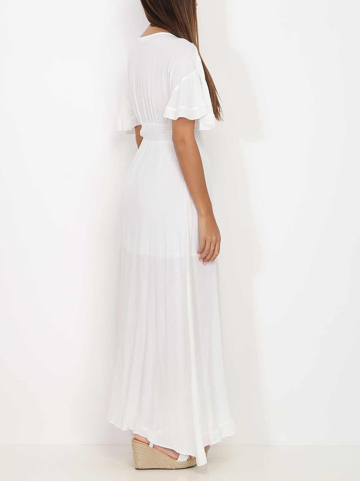 Robe longue portefeuille à volants- Blanc