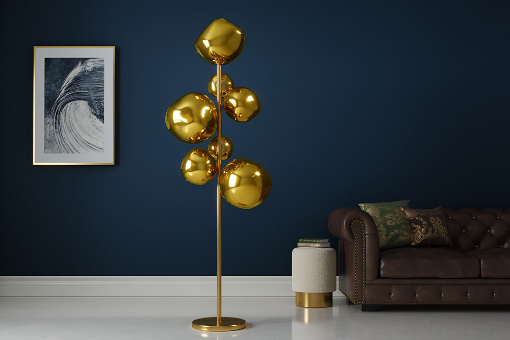 Design Stehlampe LIQUID DIAMOND 170cm gold Glas Stahl sieben Schirme Kugelleuchte