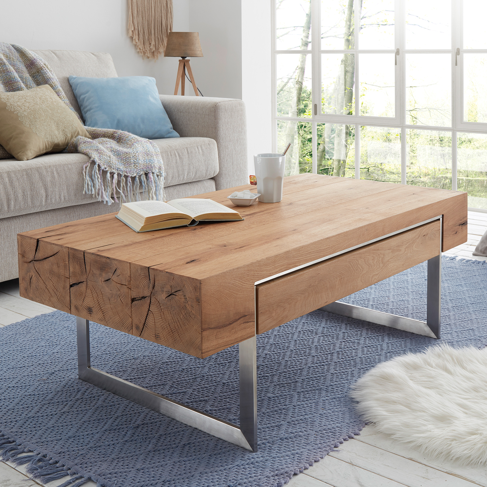 Couchtisch - Eiche natur-Edelstahl - Massivholz - mit Schublade