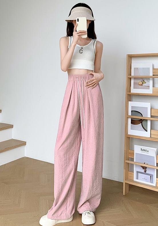 evanesce - High Rise Plain Drawstring Wide Leg Sweatpants
